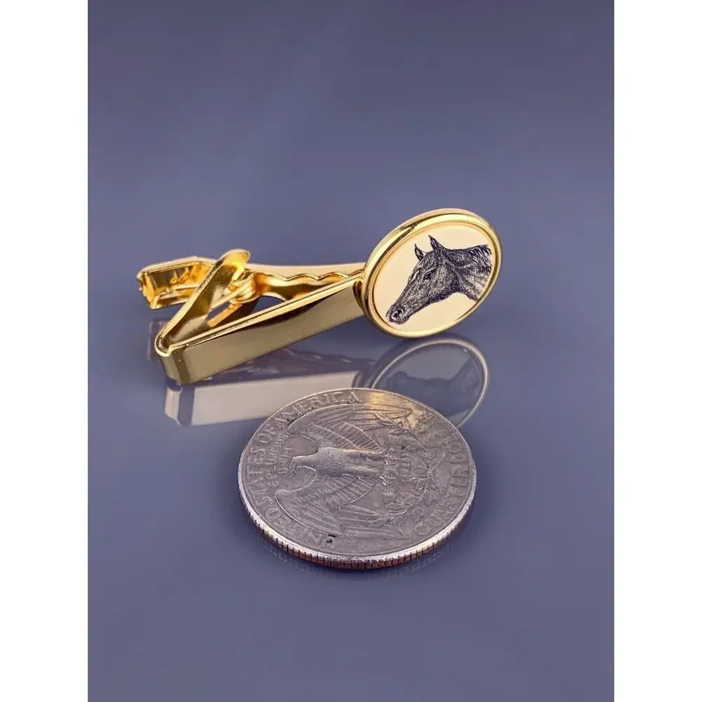 Etched Horse Head Tie Clip Bar Gold Plated Barlow Equestrian Race Left Vintage